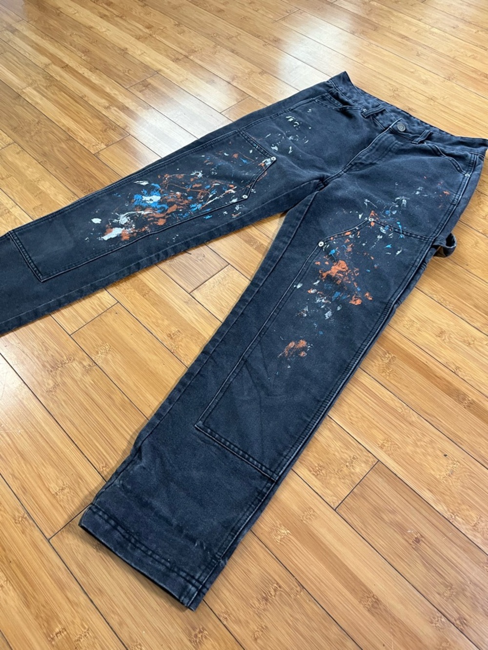 No Boundaries Paint Splatter Charcoal Denim Carpenter Straight Leg Jeans - Picture 3 of 12